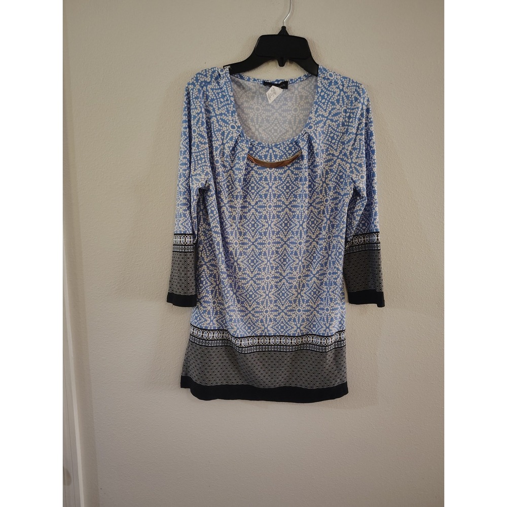 Mandy Evans Blue White Geometric Medallion Tunic Top Gold Hardware Small